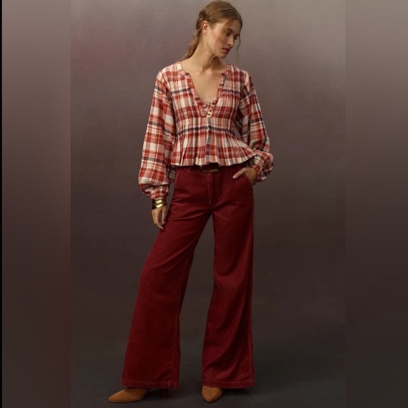 Pilcro Pleated Swing Blouse Balloon Sleeve Plaid Metallic Anthropologie Size XS - Picture 10 of 10